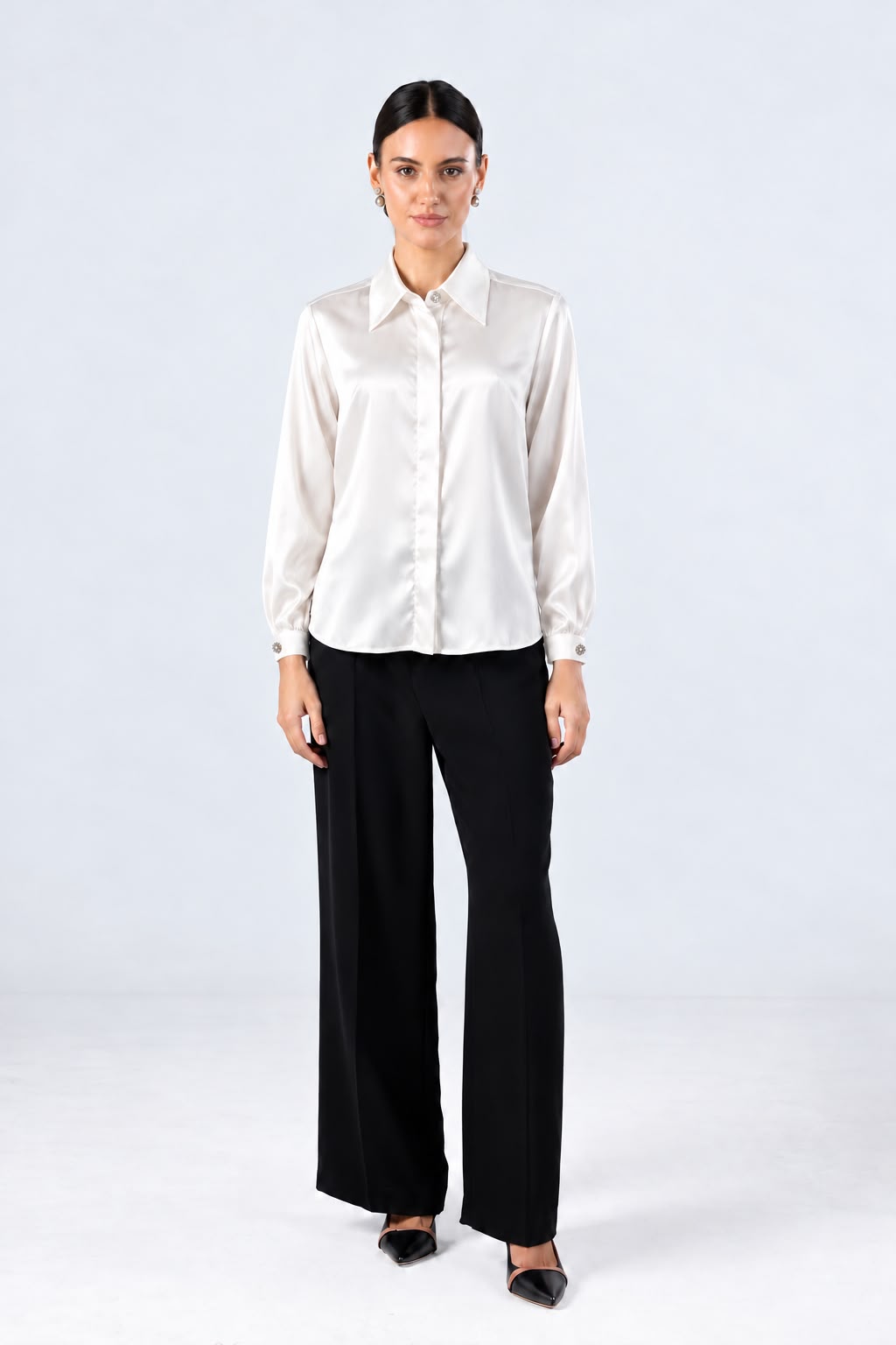 White Satin Crystal Buttons Shirt