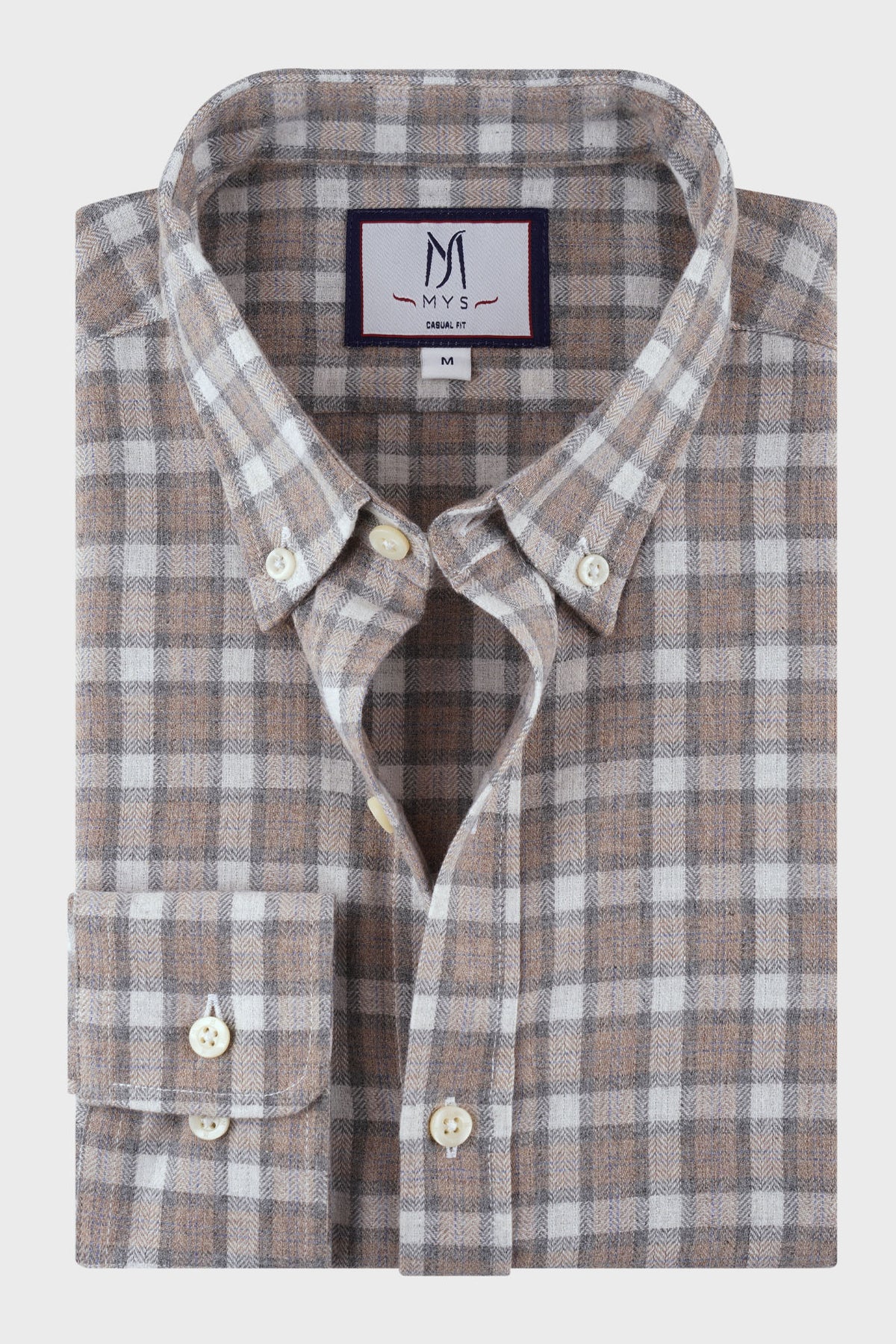 Brushed Checkered Herringbone Button-Down Flannel Shirt